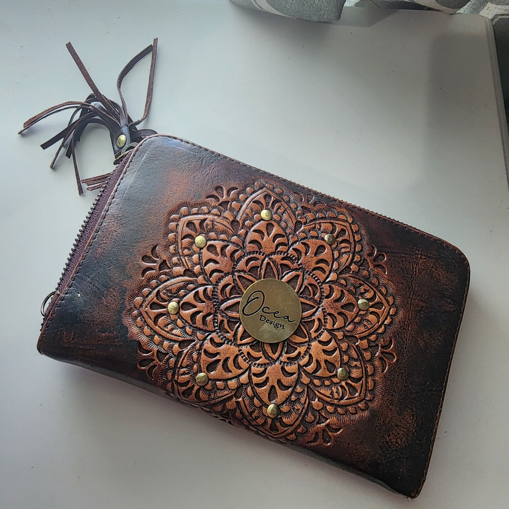 Brown Leather Clutch with Mandala Design
